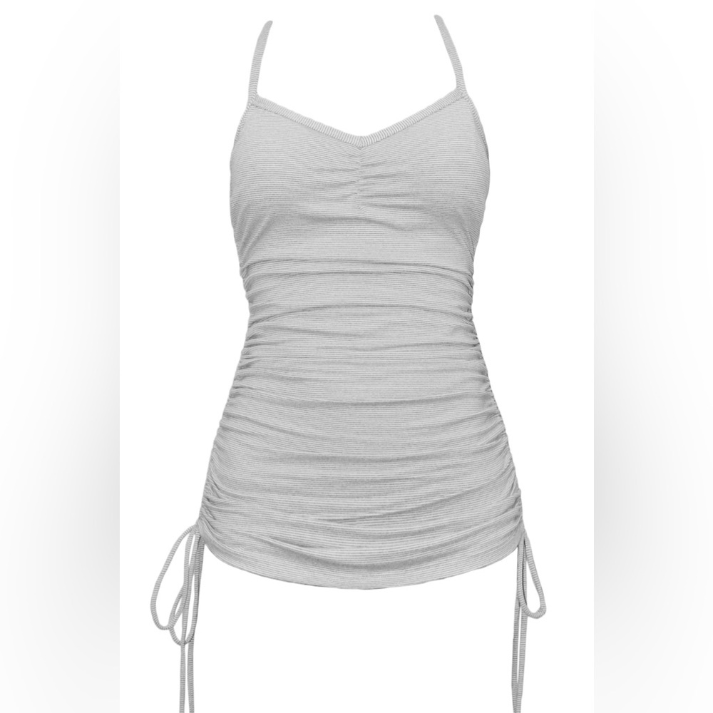 Pinstriped White Ruched Camisole Tank with Adjustable Length